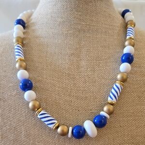 Vintage Avon Acrylic Beaded Necklace "Port Of Call" Blue, White, Gold